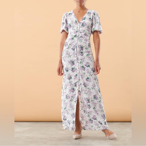 ByTimo Maxi Dress Summer Floral Button Down Puff Sleeve Front Slit Purple XL New - Picture 1 of 12